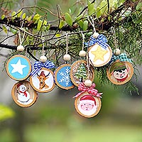 Wood holiday ornaments, 'Making Merry' (set of 8) - Colorful Albesia Wood Holiday Ornaments (Set of 8)