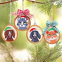 Wood holiday ornaments, Dog and Cat Christmas (set of 4)