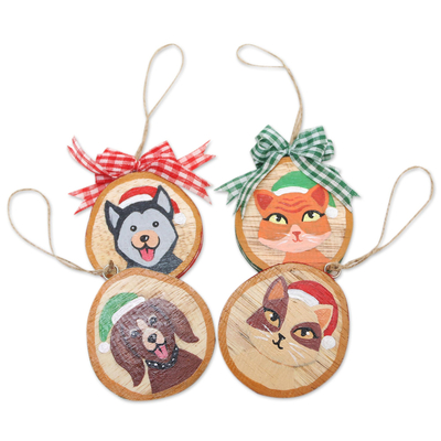 Wood Dog and Cat Holiday Ornaments (Set of 4)