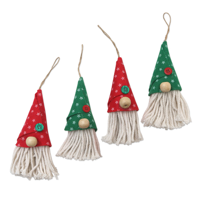 Cotton holiday ornaments, 'Santa's Hat' (set of 4) - Handmade Cotton Christmas Tree Ornaments (Set of 4)