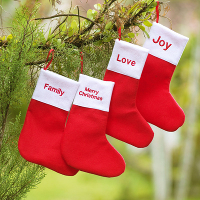 Holiday ornaments, 'Hang with Care' (set of 4) - Holiday Stocking Ornaments (Set of 4)