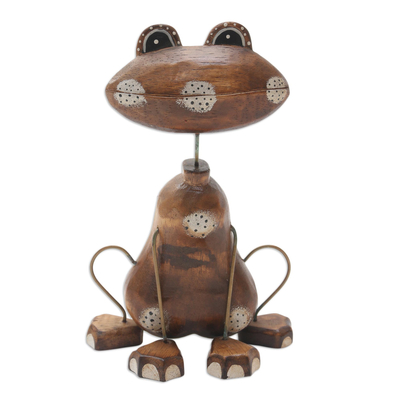 Wood statuette, 'Leap Frog' - Artisan Crafted Albesia Wood Frog-Motif Statuette