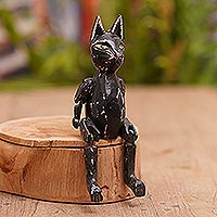 Wood statuette, 'Nine Lives' - Black Albesia Wood Cat Statuette from Bali