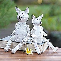 Wood statuettes, 'House Cats' (pair) - Hand Carved Albesia Wood Cat Statuettes (Pair)