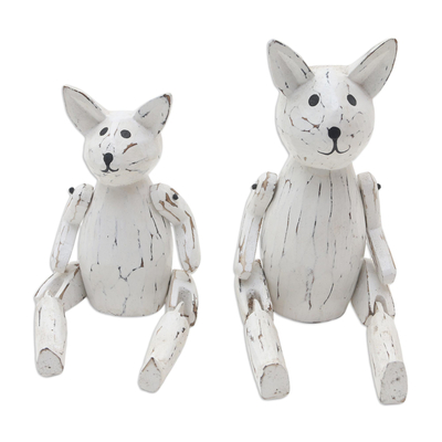 Hand Carved Albesia Wood Cat Statuettes (Pair)