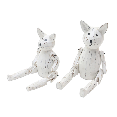 Wood statuettes, 'House Cats' (pair) - Hand Carved Albesia Wood Cat Statuettes (Pair)