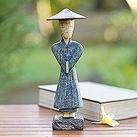 Wood statuette, 'Wise Monk in Blue' - Blue Albesia Wood Monk Statuette