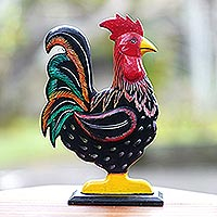 Wood statuette, 'Brave Rooster' - Hand Painted Albesia Wood Rooster Statuette