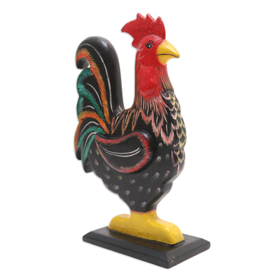 Wood statuette, 'Brave Rooster' - Hand Painted Albesia Wood Rooster Statuette