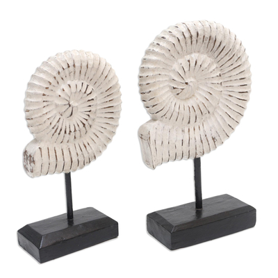 Wood statuettes, 'Snail Spirals' (pair) - Handmade Albesia Wood Snail Statuettes (Pair)