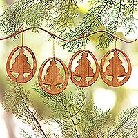 Wood ornaments, 'Christmas Tree Silhouette' (set of 4)