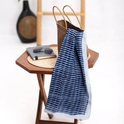 Hand-woven cotton scarf, 'Blue Lines' - Eco-Friendly Hand-Woven Cotton Scarf