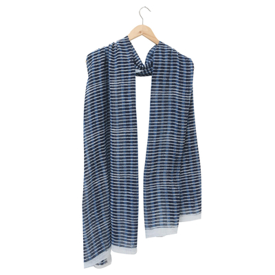 Hand-woven cotton scarf, 'Blue Lines' - Eco-Friendly Hand-Woven Cotton Scarf