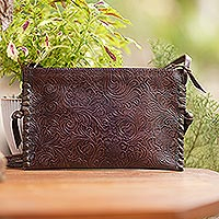 Leather sling bag, 'Subtle Signs in Brown' - Engraved Leather Sling Bag from Bali