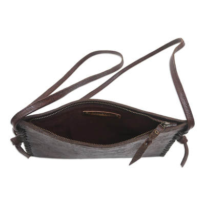 Leather sling bag, 'Subtle Signs in Brown' - Engraved Leather Sling Bag from Bali