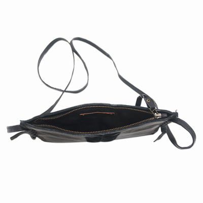 Leather sling bag, 'Dark centre' - Hand-Cut Leather Sling Bag from Bali