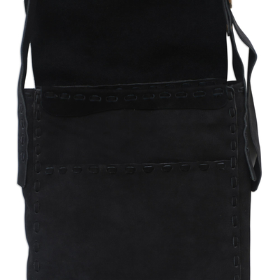 Leather sling bag, 'Soft Touch in Black' - Black Suede Leather Sling Bag