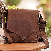 Leather sling bag, 'Soft Touch in Dark Brown' - Brown Suede Leather Sling Bag