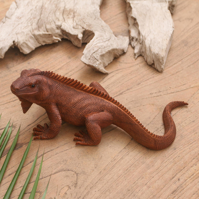 Wood sculpture, 'Iguana at Rest' - Carved Iguana Sculpture From Suar Wood Bali