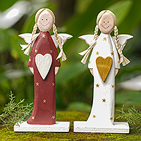 Wood holiday decor, 'Red Messenger' (pair) - Albesia Wood Holiday Angel Decor (Pair)