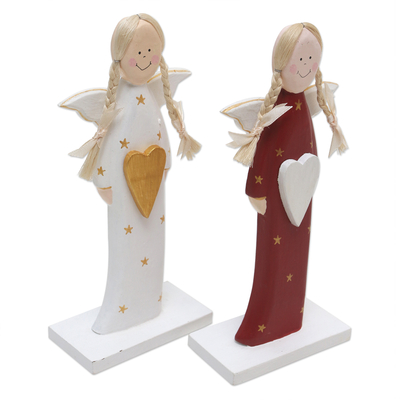 Wood holiday decor, 'Red Messenger' (pair) - Albesia Wood Holiday Angel Decor (Pair)