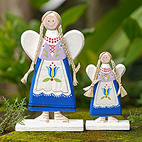 Decoración navideña de madera, 'Ángeles florales' (par) - Decoración navideña con temática de ángeles hecha a mano (par)