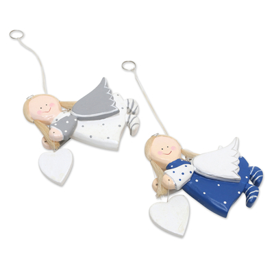 Wood holiday ornaments, 'Joyous Angels' (pair) - Albesia Wood Holiday Angel Ornaments (Pair)