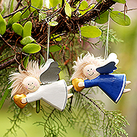 Wood holiday ornaments, 'Blessed Love' (pair) - Hand Carved Wooden Angel Ornaments (Pair)