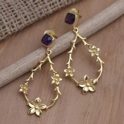 Gold-plated amethyst dangle earrings, 'Night Gala' - Gold-Plated Amethyst Dangle Earrings from Bali