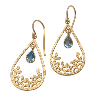 Gold-plated blue topaz dangle earrings, 'Night Ice' - Gold-Plated Blue Topaz Dangle Earrings