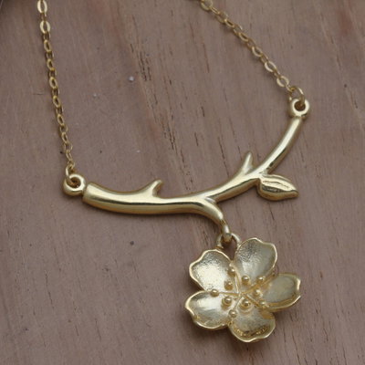 Gold-plated pendant necklace, 'Frangipani Branch' - Floral Gold-Plated Pendant Necklace