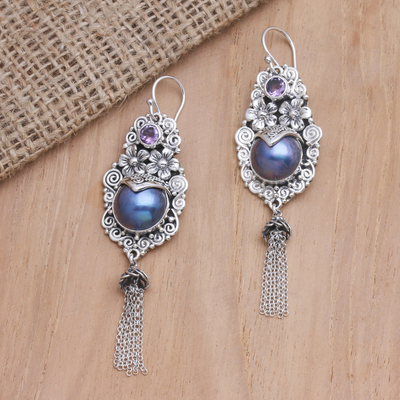 Amethyst and cultured pearl dangle earrings, 'Winter Apple in Purple' - Amethyst and Cultured Pearl Dangle Earrings