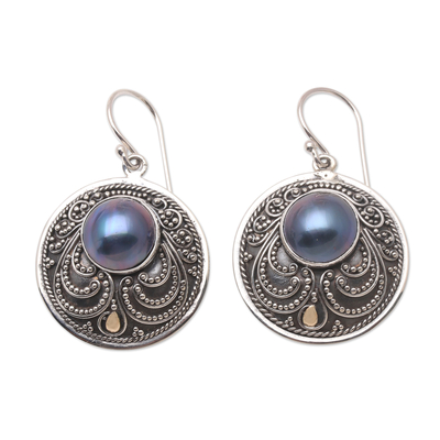 Gold-accented cultured pearl dangle earrings, 'Night Guard' - Gold-Accented Cultured Pearl Dangle Earrings