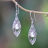 Cultured pearl dangle earrings, 'White Rose Bud' - Cultured Pearl and Sterling Silver Dangle Earrings