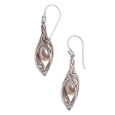 Cultured Pearl and Sterling Silver Dangle Earrings - White Rose Bud ...