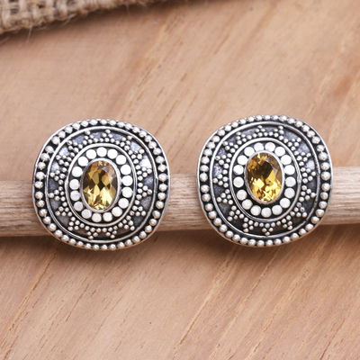Citrine button earrings, 'Dwarf Sunflower' - Handcrafted Citrine and Sterling Silver Button Earrings