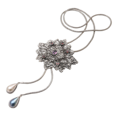 Halskette mit Anhänger aus mehreren Edelsteinen - Halskette mit Anhänger aus balinesischem Granat und Zuchtperle