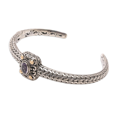 Gold-accented amethyst cuff bracelet, 'Spellbound Silver' - Handmade Gold-Accented and Amethyst Cuff Bracelet