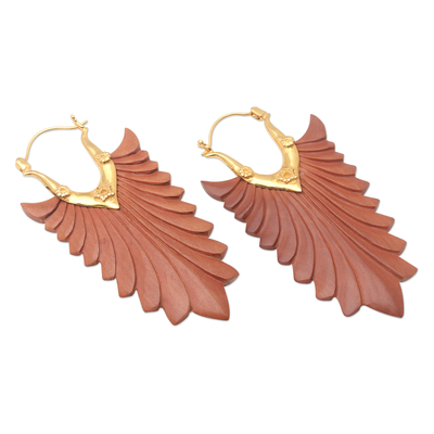 Gold-accented wood hoop earrings, 'Curtains for You' - Hand Carved Gold-Accented Hoop Earrings