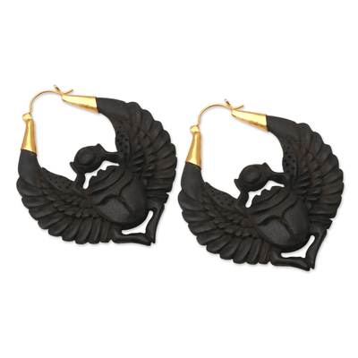 Gold-accented wood hoop earrings, 'Live Again' - Gold-Accented Black Wood Hoop Earrings