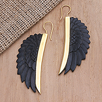 Gold-accented wood dangle earrings, 'Fly with You' - Gold-Accented Dangle Earrings from Bali