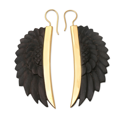 Gold-accented wood dangle earrings, 'Fly with You' - Gold-Accented Dangle Earrings from Bali