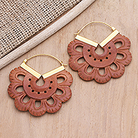 Gold-accented wood hoop earrings, 'Autumn Bloom' - Gold-Accented Floral-Motif Carved Wood Hoop Earrings