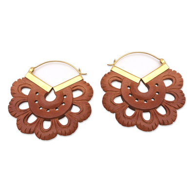 Gold-Accented Floral-Motif Carved Wood Hoop Earrings