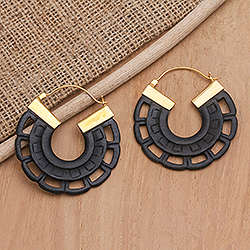 Gold-accented wood hoop earrings, 'Wheel of Destiny' - Gold-Accented Black Rosewood Hoop Earrings
