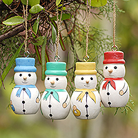 Wood ornaments, 'Dapper Snowmen' (set of 4) - Snowmen Ornaments in Assorted Colors (Set of 4)