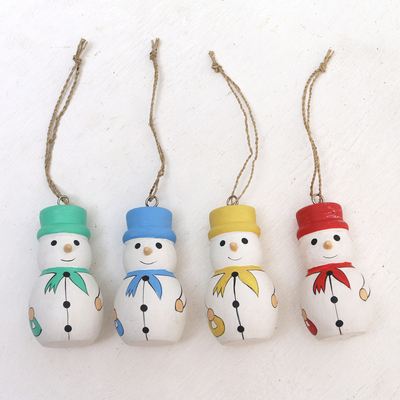 Wood ornaments, 'Dapper Snowmen' (set of 4) - Snowmen Ornaments in Assorted colours (Set of 4)