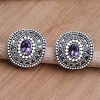 Amethyst button earrings, 'Dwarf Sunflower in Purple' - Amethyst and Sterling Silver Button Earrings