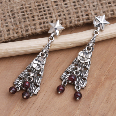 Garnet dangle earrings, 'Christmas Tree' - Sterling and Garnet Holiday Themed Earrings