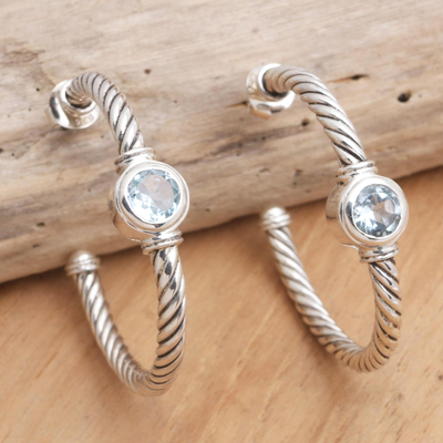 Blue topaz half-hoop earrings, 'Water's Edge' - Sterling Silver and Blue Topaz Half-Hoop Earrings